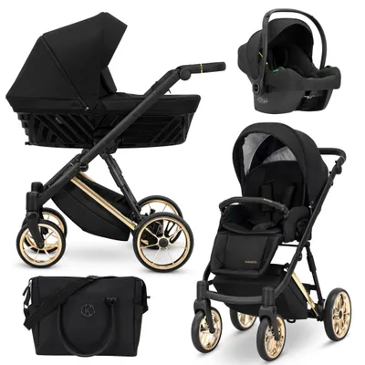 Image de Kunert Ivento Premium 3in1 poussette en noir avec cadre doré et accessoires