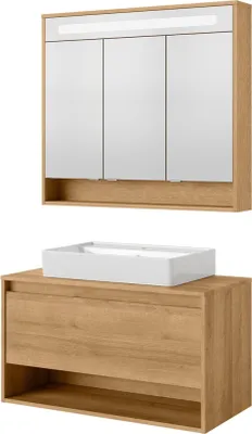 Produktbild von FACKELMANN Natura Badmöbel Set 3 Teile / Keramik Waschbecken / Waschbeckenunterschrank mit Schublade / LED Spiegelschrank mit 3D-Effekt / Soft-Close-System / Korpus & Front: Braun / Breite: 94 cm