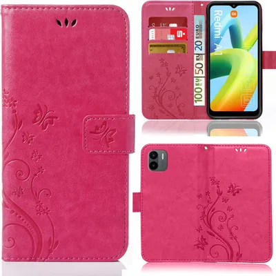 A collage of images showing a pink phone case with a floral and butterfly design, including a view of the case open with cards and cash inserted, and a view of the back of the case with the phone inserted.