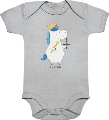 Produktbild von Mr. & Mrs. Panda Babybody Einhorn König mit Schwert 1. - 3. Monat - Heather Grey - Geschenk, Strampler, Baby, Unicorn, overall, Mittelalter, Ritter, Babystrampler