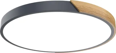 A round LED ceiling light with a gray frame and a wood accent.