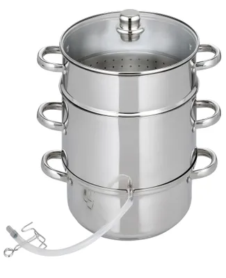 A stainless steel steamer pot with a glass lid and a clear tube attached to the bottom.