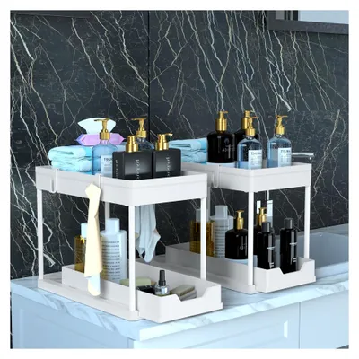 Produktbild von Küchenorganizer, Regal für unter Waschbecken, Schrankorganizer mit 4 Haken, Korb für Küche und Bad (weiß)