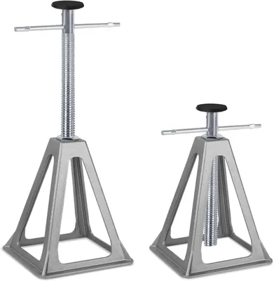 Productafbeelding van 2 aluminium steunbokken, in hoogte verstelbaar, voor caravans, campers, aanhangers en auto's, met een draagvermogen van 1000 kg per stuk