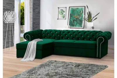 Produktbild von FURMEB 24 Ecksofa SWAROWSKI mit Schlaffunktion, linke Seite, 280x180 cm, mit Steppung und Diamantmuster, GRÜN