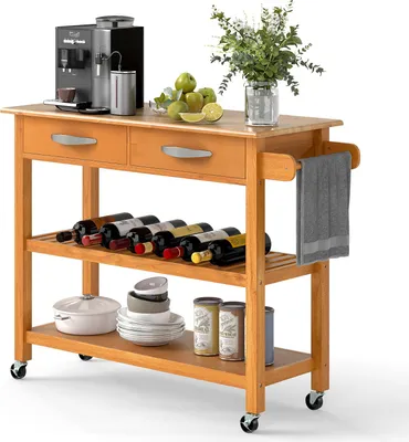 Immagine prodotto di COSTWAY Carrello da cucina in legno, mobile da cucina con rotelle, piano di lavoro, 2 cassetti, 2 ripiani aperti e portasciugamani, carrello di servizio 116 x 43 x 89 cm Naturale