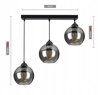 A black three-light pendant lamp with smoked glass globes is shown against a white background, with dimensions indicated.