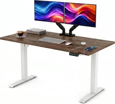 Produktbild von Höhenverstellbarer Schreibtisch Elektrisch 160x60 cm | Massive 25mm Platte | Memory-Panel mit USB-C und USB-A | Steh-Sitz-Tisch für Home Office | Gestell Weiß, Platte Davos Eiche