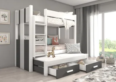 Obrázek produktu pro Třílůžková postel se zábranou 90x200 KAGRA - bílá / šedá