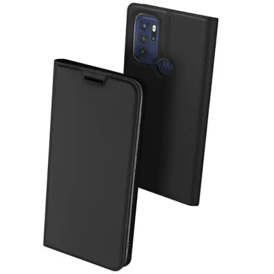 A black flip phone case for a Motorola G60s is shown in a studio setting.