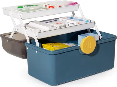 Produktbild von Theo&Cleo Medikamenten Aufbewahrung, Medizinbox, Hausapotheke Box, Apothekenbox, Medizinkoffer Groß (Dunkelblau)
