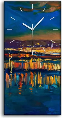Produktbild von Wanduhr Uhr Wandbild Leinwand 30x60 Gemälde Abstrakte See Boote Stadt Nacht - weiße Hände