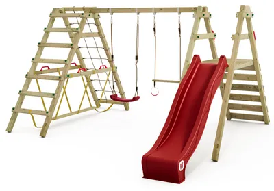 Image de Balançoire en bois Wickey Smart Shake avec toboggan et structure d'escalade en rouge