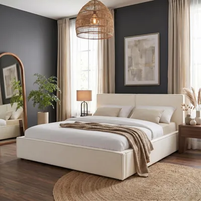 Produktbild von Polsterbett CALM in 160x200 cm in Leinenoptik, Cremeweiß - Doppelbett mit weicher Polsterung und hohem Kopfteil, inklusive Lattenrost, pflegeleicht und strapazierfähig, ideal für moderne Schlafzimmer