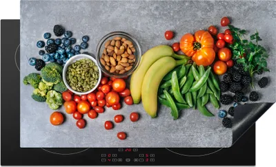 Obrázek produktu pro KitchenYeah® Krycí deska na sporák zelenina - ovoce - šedá, 91x52cm, dekorace do kuchyně, keramická krycí deska, krycí deska na varnou desku
