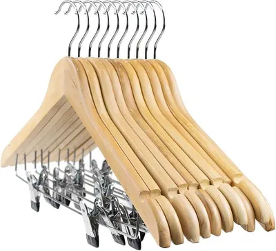 Produktbild von PolkaHome® 12er Set Holz-Kleiderbügel mit Klemmen für Hosen & Röcke – Antirutsch, 45 cm