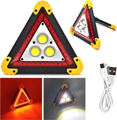 A collage of images showing a triangular LED warning light, a USB charging cable, and the light in different modes.