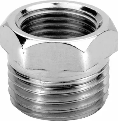 A close-up studio shot of a metal adapter.