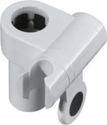 A white plastic shower holder for a shower rod.