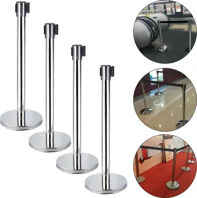 Image de 4 x système de guidage de personnes Poteau de délimitation Poteau de barrage Barrière en acier inoxydable avec ceinture rétractable de 2m Bande d'avertissement