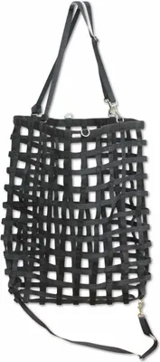 A black hay net bag with straps and clips, shown hanging against a white background.