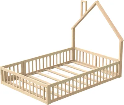 A wooden bed frame with a house-like structure and a slatted base, shown against a white background.