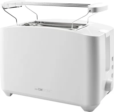 A white two-slice toaster with a warming rack on top.