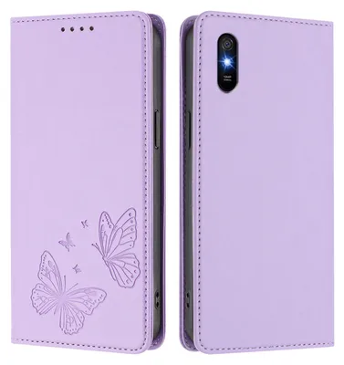 Obrázek produktu pro Kožené pouzdro pro Xiaomi Redmi 9A, motýlí ražbou, peněženkové flip pouzdro se stojánkem Světle fialová
