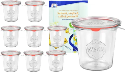 Produktbild von 9er Set Weck Gläser 580ml Sturzgläser mit 9 Glasdeckeln, 9 Einkochringen und 18 Klammern