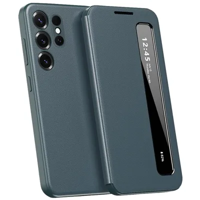 Image de Housse en cuirPolyuréthanepour Samsung Galaxy S22 Ultra 5G, étui intelligent pour téléphone portable avec Smart Side Window vert