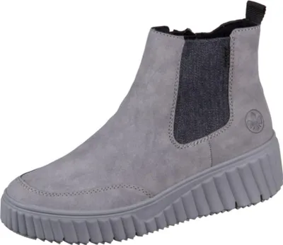 A single gray Rieker Chelsea boot is shown against a white background.