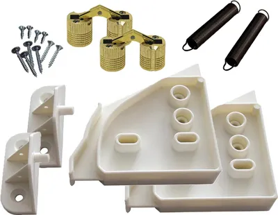 A collection of dishwasher installation hardware, including hinges, screws, springs, and plastic mounting brackets, laid out on a white background.