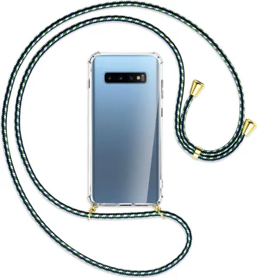 Produktbild von Handykette Backcover-Schutzhülle mit Band (Metall goldfarben) für Samsung Galaxy S10+ / S10 Plus - grün/blau/weiß