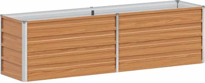 A long, rectangular raised garden bed with a wood-grain finish and metal trim, shown against a white background.
