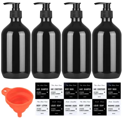 Image de 4 flacons de shampoing vides rechargeables, flacons distributeurs de savon de 500 ml, flacons à pompe en plastique pour distributeurs de lotion (savon liquide, shampoing, après-shampoing, gel douche), autocollants. (Noir)
