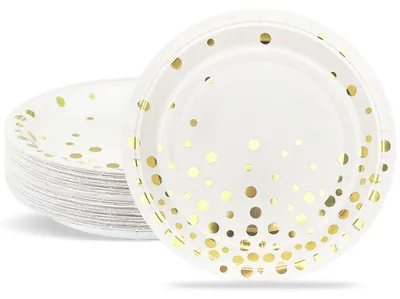 Productafbeelding van Papieren borden - Met goudfolie stippenpatroon - Geschikt voor feestservies - Diameter 18 cm - 50 stuks