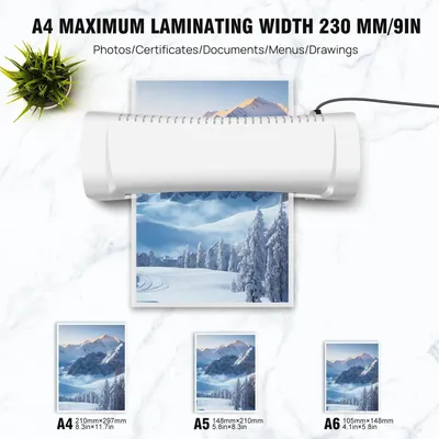 Immagine prodotto di Laminatrice termica - Laminatrice A4 - Laminazione a caldo e a freddo - Tempo di riscaldamento 3–4 min - Larghezza di alimentazione 230 mm - Velocità 280 mm/min - Spessore massimo 0,5 mm - Potenza 200 W
