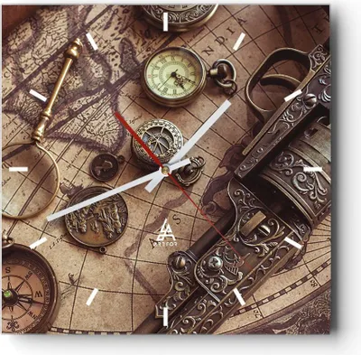 Produktbild von Wanduhr - Quadrat - Glasuhr - Kartographie Vintage Kompass - 40x40cm - Schleichendes Uhrwerk - Lautlos - zum Aufhängen bereit - Dekoration Modern - Wanddekoration aus Glas - C3AC40x40-4582