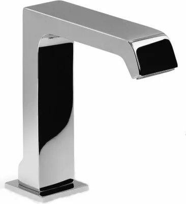 A modern, chrome-finished faucet spout with a waterfall-like design.