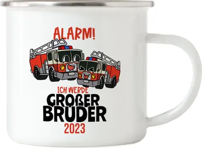 Produktbild von Ich Werde Großer Bruder 2023 Emaille Tasse Ankündigung Schwangerschaft Feuerwehr-Auto Alarm Babynews