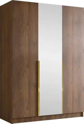 Produktbild von MIRJAN24 Kleiderschrank Calia II, Schlafzimmer, mit Spiegel, Drehtürenschrank, mit Kleiderstange, Modern, Garderobenschrank, Metallgriffe (Farbe: Nuss Warmia + Gold)