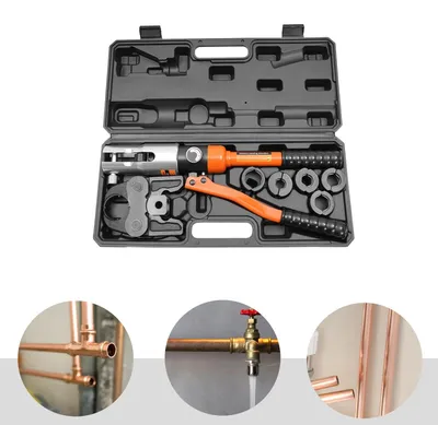 Produktbild von Hydraulisches Presswerkzeug - 10-Tonnen-Kupferrohrpresse - CR40-Stahlzylinder - 360° drehbarer Kopf - 5 austauschbare V-Formen V12–V28 - Orange