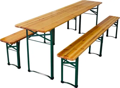 Produktbild von Bierzeltgarnitur 3-teilig mittig klappbar | 1x Tisch, 2x Bierbank | HxBxT 76x220x50 cm | lackiertes Holz | inkl. 16x Bodenschoner aus Kunststoff | Biertischgarnitur Festzeltgarnitur Gartenmöbel-Set