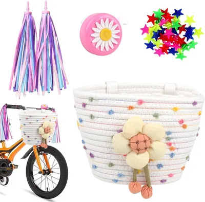 Produktbild von Fahrradkorb für Kinder, mit Lederriemen und Fahrradglocke, geflochten, für Mädchen