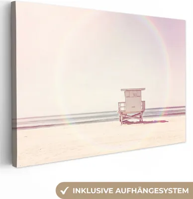 Produktbild von OneMillionCanvasses® - Leinwandbilder - 140x90 cm, Strand - Hütte - Sonne - Meer - Sommer, Wandbilder Kunstdruck Wanddekoration - Foto auf Leinwand - Gemälde auf Holzrahmen