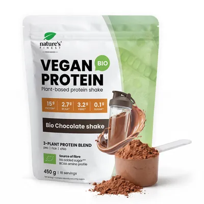 Imagen del producto de Nature's Finest  Proteína Vegana Chocolate - 62 g de proteína vegetal por 100 g de guisante, arroz integral y chía - 450 g