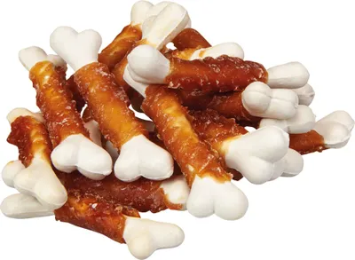 Produktbild von 1kg Hundeleckeri - Snack Knochen (ca. 6 cm lang) mit Hühnerbrust umwickelt