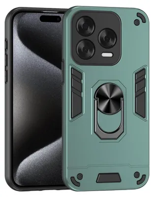 A phone case with a ring holder is shown against a light gray background.