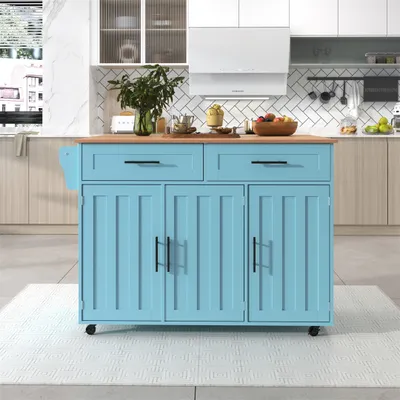Image de AIORBER Chariot de cuisine, avec plan de travail extensible, deux grands tiroirs, cinq roulettes stables, armoires de cuisine, pour cuisines, 129x46x91,5cm, bleu