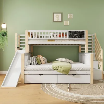 A children's bunk bed with a slide and stairs, set in a bedroom with green walls and decorative pictures.